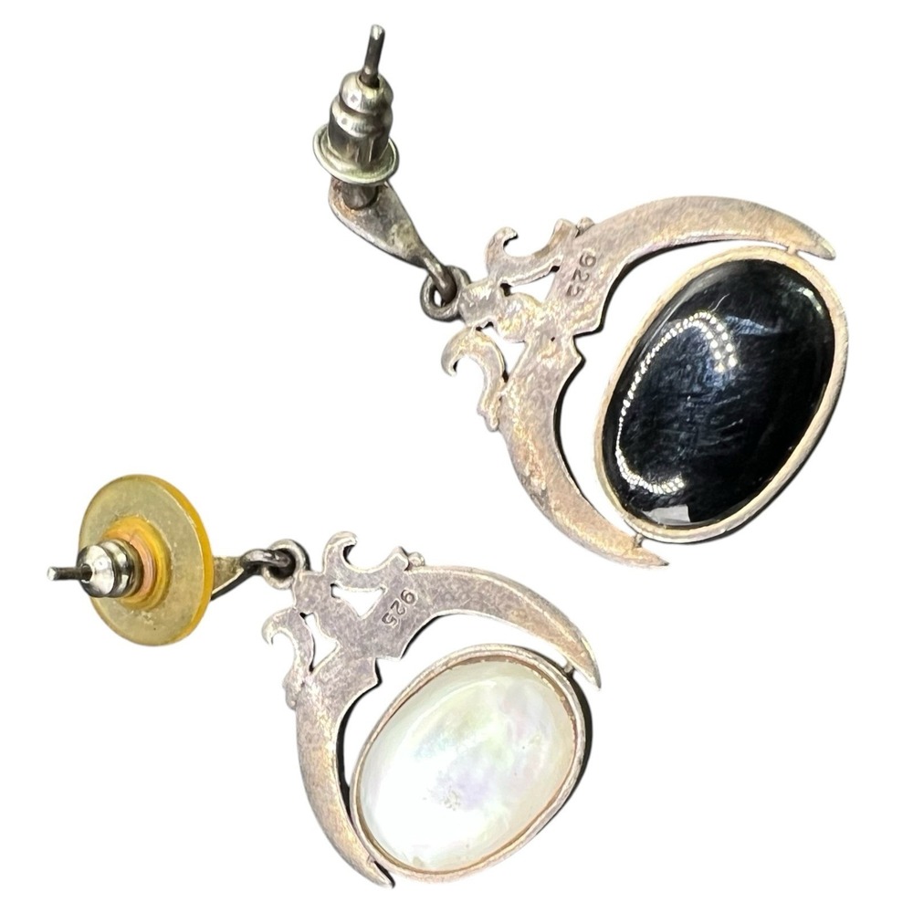 925 Sterling Silver Marcasite Reversible Black Onyx Mother of Pearl Earrings - Picture 5 of 8